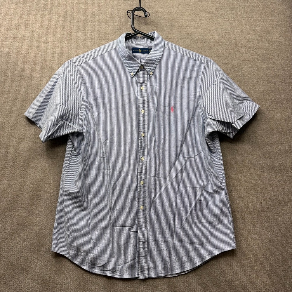 Ralph Lauren Mens Blue White Seersucker Short Sleeve Button Down Shirt XXL Pony